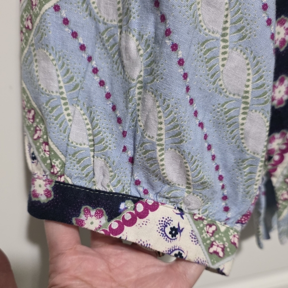 LOFT Paisley Boho Floral Patchwork Linen Blend Peasant Blouse 3/4 Raglan Sleeve - Picture 6 of 13